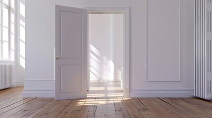 Fototapeta premium View of the entrance to an empty room painted white with the color of wood on the floor and a radiator Concept of an empty room after a move or before renovation during a housewarming : Generative AI