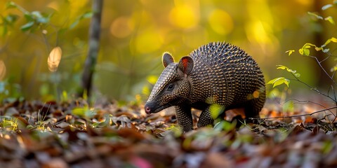 Obraz premium Close-up of an armadillo standing on the ground in autumn