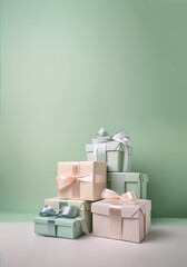 Cajas de regalos con moños en tonos rosas y verde pastel con desenfoque. Pancarta vertical para redes sociales. IA generativa.