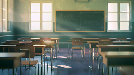 Empty modern classroom with chairs desks and chalkboard : Generative AI
