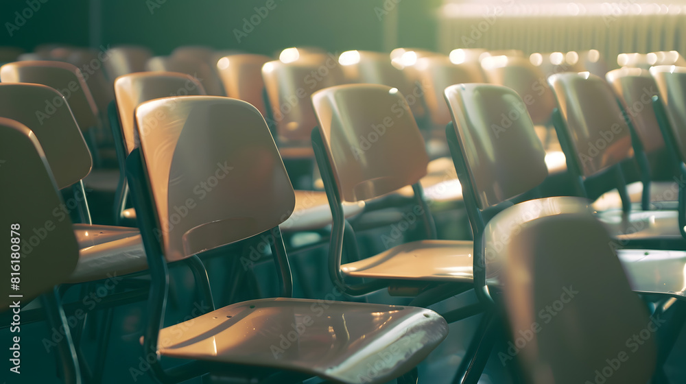 Poster Soft focus and soft light on many student chair in the classroom Lecture room with empty seats Business seminar education Concept of education back to school lecture in the classroom : Generative AI