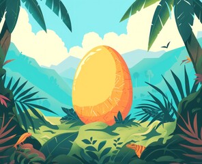 cartoon one bright dinosaur egg in the jungle flat illustration.