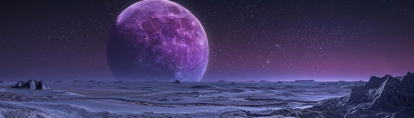 Enchanting purple moon over an alien terrain, serene starscape adding depth and mystery