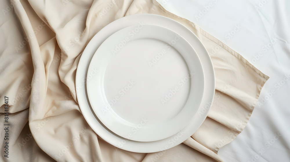 Poster Top view on colored background empty round white plate on tablecloth for food Empty dish on napkin with space for your design : Generative AI