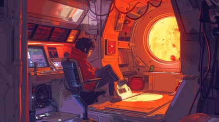 Astronaut Working Inside a Spacecraft Control Room