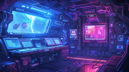 Futuristic Spaceship Control Room with Neon Lights