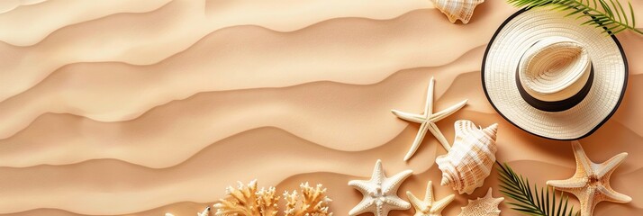 A collection of a hat, starfish, and seashells placed on a sandy beach background, embodying a beachy summer vibe. Generative AI