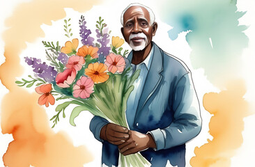 a black man, smiling, holding a bouquet of flowers in his hands. A man gives a bouquet of flowers to all the women.