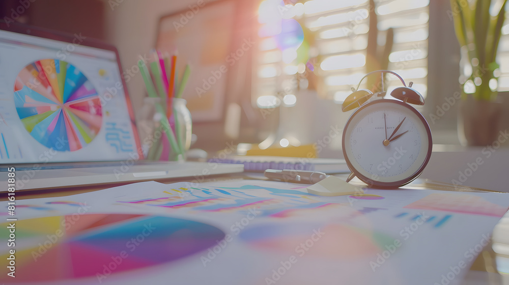 Poster close up of modern workplace with empty laptop colorful diagram on paper and clock mock up : generat