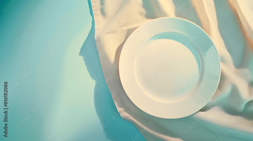 Aufkleber Top view on colored background empty round white plate on tablecloth for food Empty dish on napkin with space for your design : Generative AI