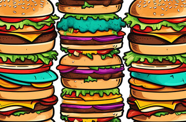 A big and tasty hamburger on a colored background. Lots of tasty hamburgers.