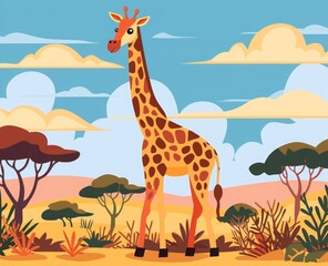 Obraz premium cartoon one giraffe in africa flat illustration.