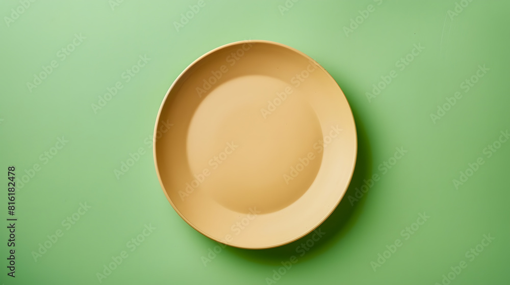 Poster empty beige plate on green pastel paper background top view flat lay textured object selective focus