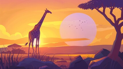 Naklejka premium cartoon one giraffe in africa flat illustration.