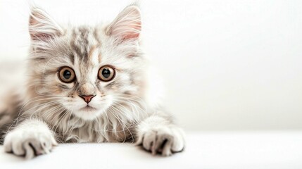 Funny large longhair white cute kitten with beautiful big eyes. Pets and lifestyle concept. Lovely fluffy cat on white background.