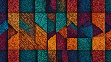 Vibrant display of geometric shapes forms visually striking pattern. Each shape filled with textured, crinkled effect, colors range from deep blues, purples to warm reds, oranges, yellows.