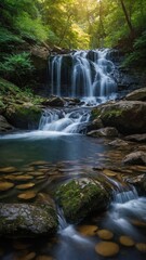 Obraz premium Waterfall cascades gently into tranquil pool, surrounded by lush greenery. Sunlight filters through dense foliage above, casting soft glow that illuminates clear, flowing water, highlights smooth.