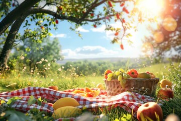 Picnic basket with fresh fruit on a checkered blanket in sunny apple orchard