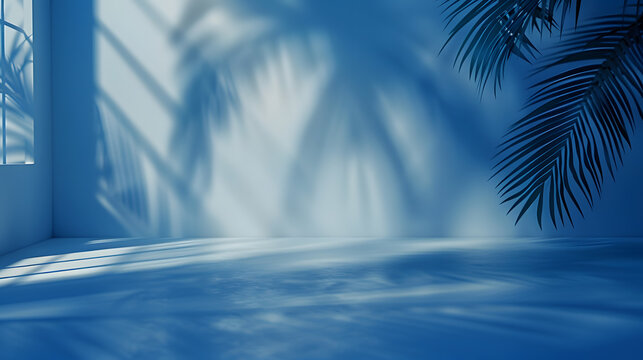 Abstract gradient blue studio background for product presentation Empty room with shadows of window and flowers and palm leaves  3d room with copy space Summer concert Blurred backdrop : Generative AI