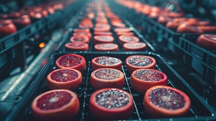   A row of grapefruits on a moving belt at a fruit processing plant
