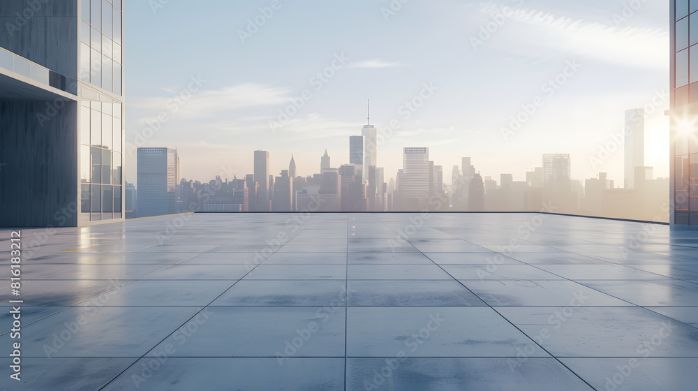 Poster panoramic skyline and buildings with empty concrete square floor : generative ai
