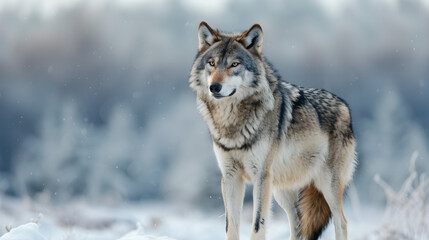 Majestic Wolf Standing in a Snowy Wilderness - A Stunning Display of Wild Nature in Winter
