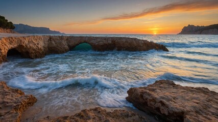 Waves crash against rocky shore, showcasing raw power, beauty of nature. Sunset casts warm glow, illuminating sky, reflecting off turbulent sea. Natural stone bridge stands amidst waves.