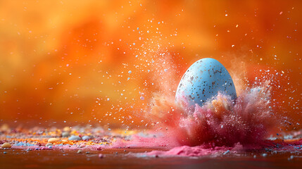 Easter Egg in a Color Explosion or Splash on Orange Background,
Creative minimal concept Easter day Coloured eggs egg shell splashed with paint flying in the air
