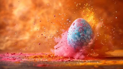 Easter Egg in a Color Explosion or Splash on Orange Background,
The explosion effect of an egg falling onto colorful sand creates a dynamic and visually scene
