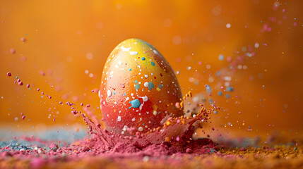 Easter Egg in a Color Explosion or Splash on Orange Background,
A large multicolored Easter egg on a dark background
