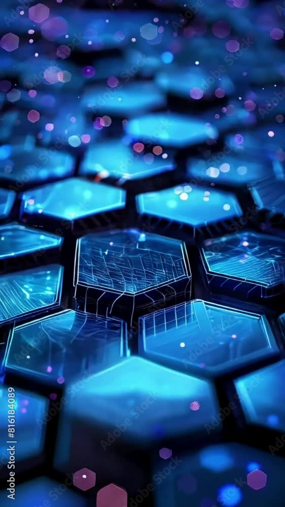 Poster video of blue and purple image of many hexagonal shapes. the image has a futuristic and abstract fee