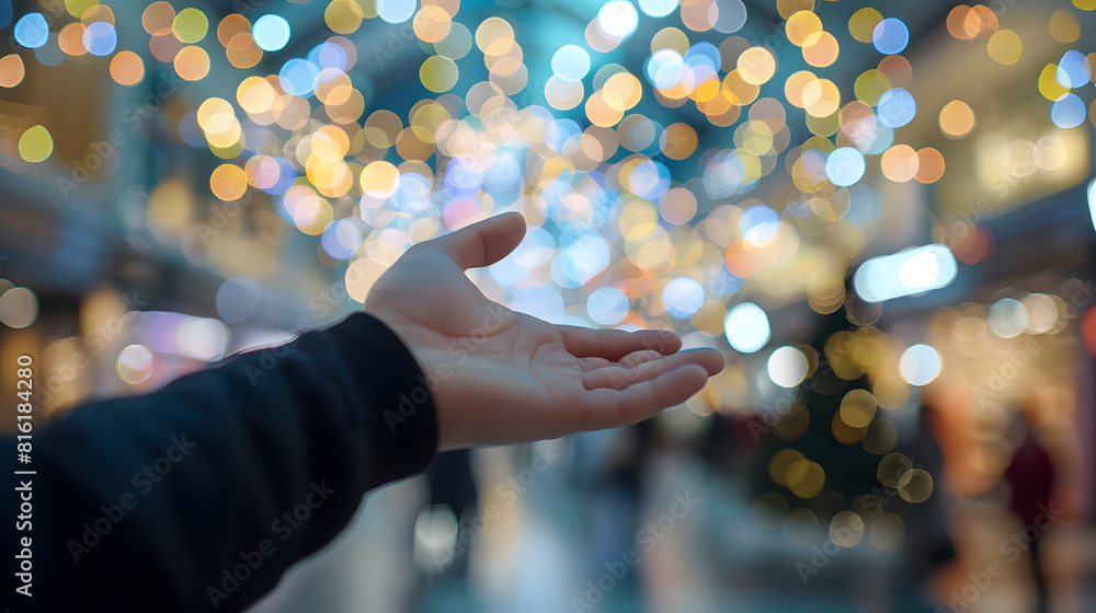 Aufkleber Man hand with abstract blurred image of department store background : Generative AI