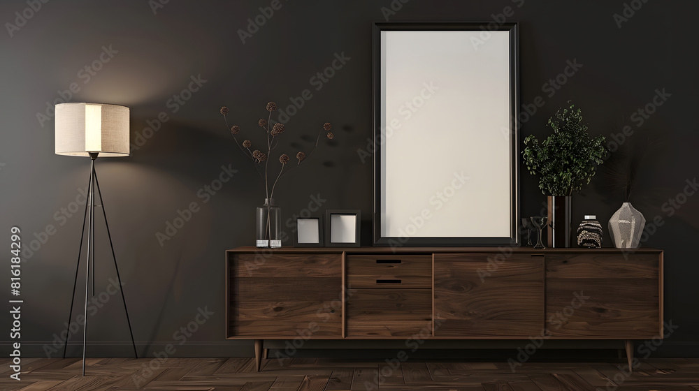 Poster mockup frame on cabinet in living room interior on empty dark wall background3d rendering : generati