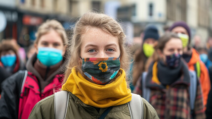 Young woman with a patterned mask stands in a crowd, emphasizing individuality and unity during a public gathering, likely a protest or rally
