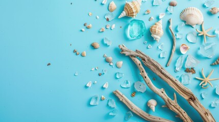 Waterinspired art with sea shells and glass beads on an electric blue background, creating a...