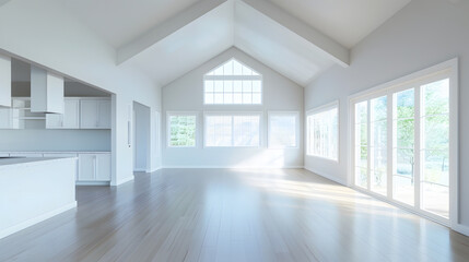 Spacious rambler home interior with vaulted ceiling over glossy laminate floor Empty light filled dining or living space adjacent to new white kitchen room features pale grey walls Nor : Generative AI