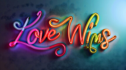 Love Wins Neon Sign and Colorful Ribbon Typography