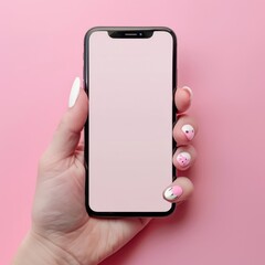 Close up of hand holding a phone with a blank screen isolated on pastel pink background.