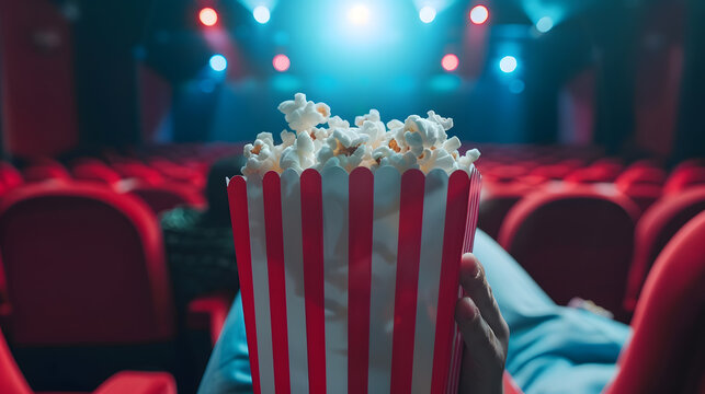 Movies and popcorn Man holding pop corn box at cinema Action thriller or scifi entertainment on screen Red seats in dark theater Salty snack in bucket Spectator pov Film premiere : Generative AI - Powered by Adobe