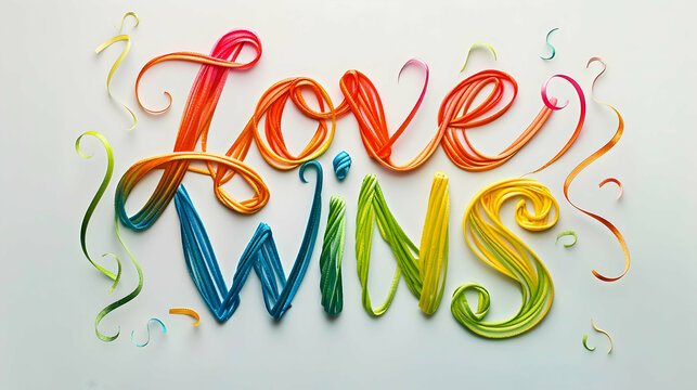 Love Wins Neon Sign and Colorful Ribbon Typography - Powered by Adobe