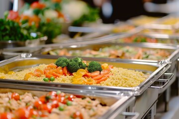 Stainless steel chafing dishes catering buffet food display with a colorful variety of delicious gourmet cuisine for a festive celebration event