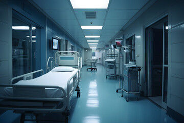 
A modern hospital hallway with empty stretchers and medical equipment, ready to receive patients