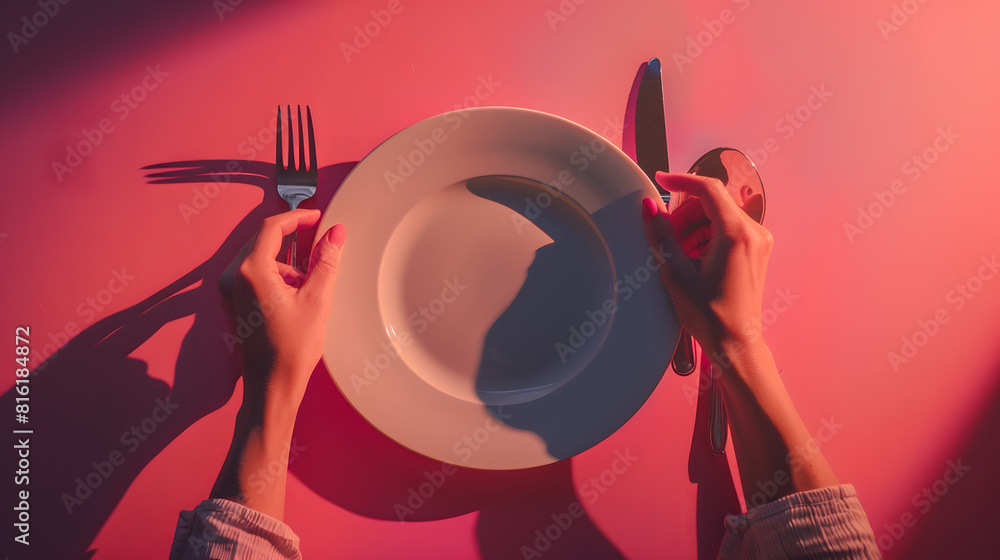 Poster female hands with cutlery and empty plate on color background : generative ai