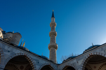View of the minarets of the Blue Mosque in Istanbul, Turkey.