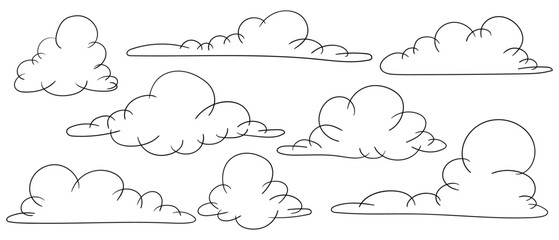 Set of linear sketches, contours of decorative clouds.Vector graphics.
