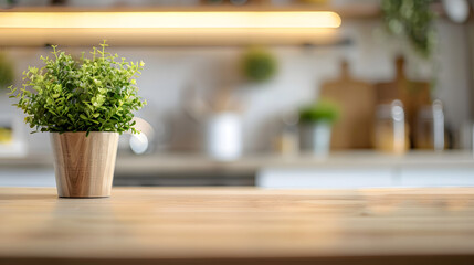 Selective focus on wooden kitchen island empty dining table with copy space for display products clean countertop for cooking healthy food against blurred furniture with grey facade in : Generative AI