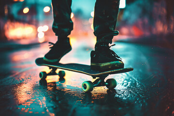 Skateboarder skateboarding on the street at night. Extreme sport.