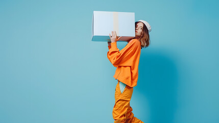 Full body photo of funky young woman carry heavy invisible box empty space dressed stylish orange look isolated on blue color background : Generative AI