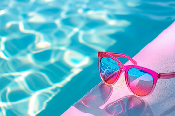 Close-up of pink sunglasses on the edge of a swimming pool with water reflections. Summer vacation and relax concept. Design for poster, advertisement, banner with copy space.