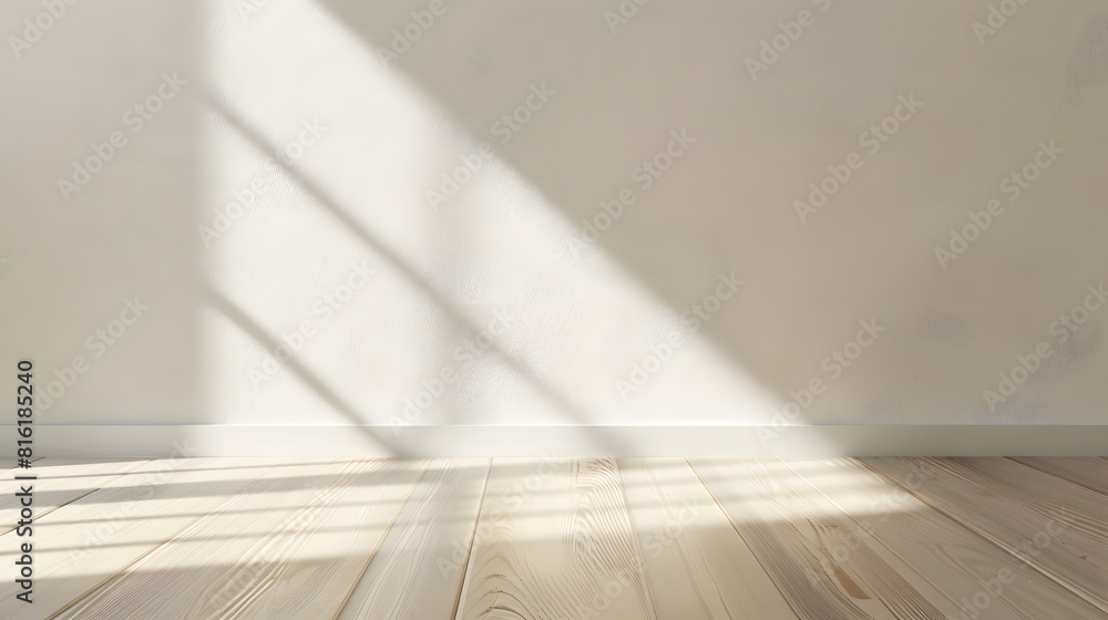 Aufkleber aesthetic geometric sunlight shadows on white textured wall and beige wooden floor empty template fo